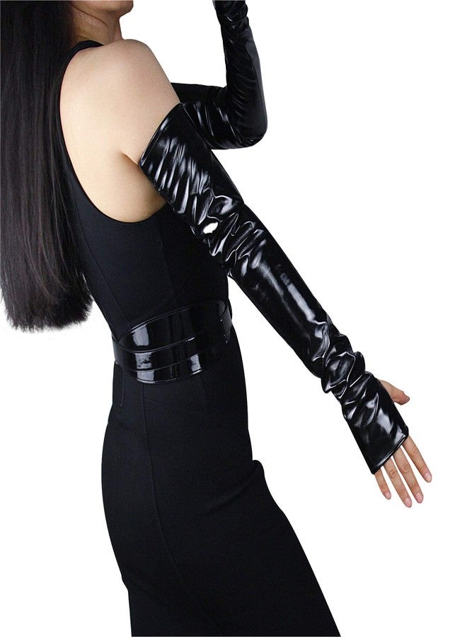 DooWay Opera Long Leather Fingless Gloves for Women Costume Party PU Arm Warmer 24 inches Shiny Black - Image 1